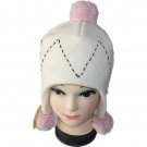 White and pink knitted hat winter hat with two ears