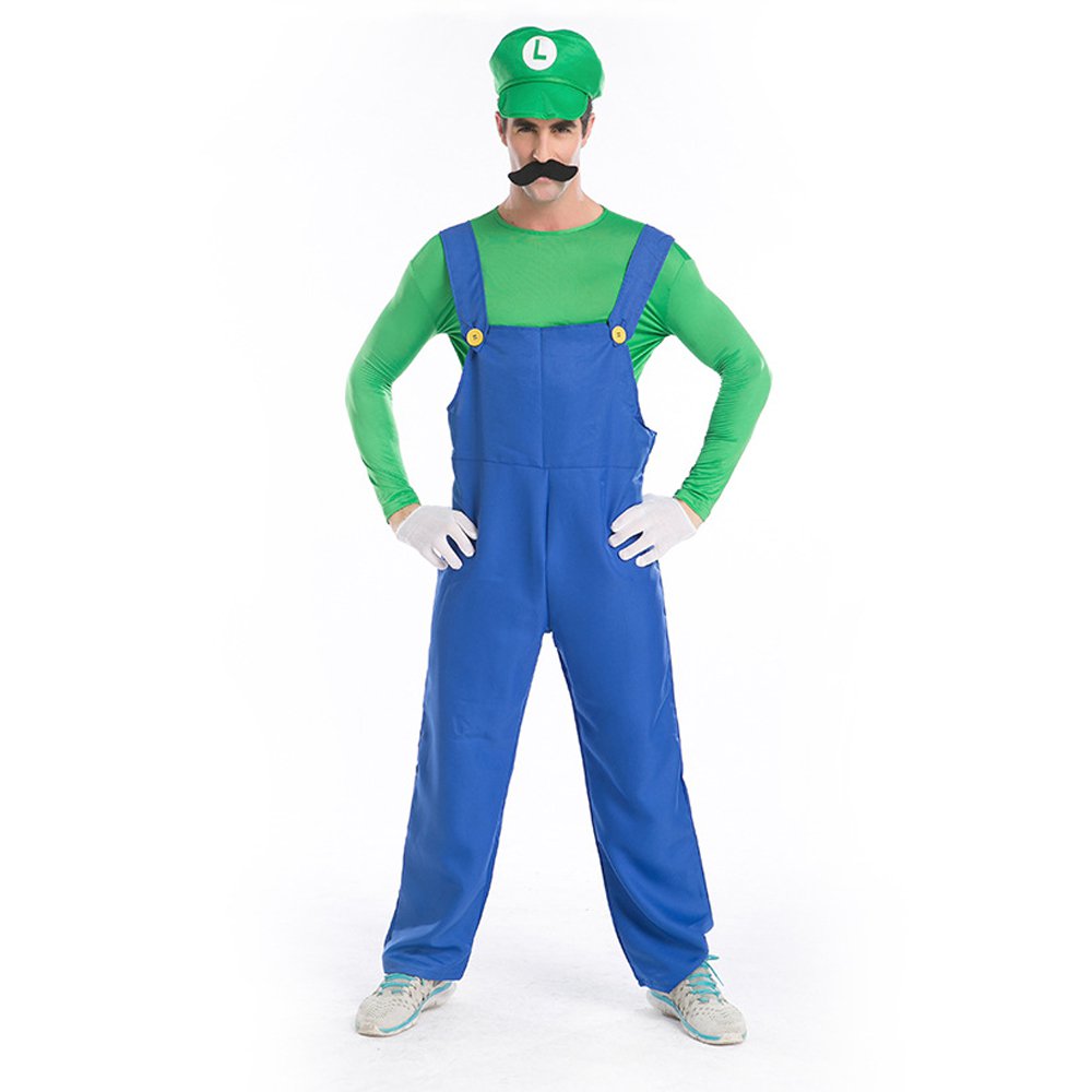 Mario Bros Costume Cosplay Green Mario Jumpsuit For Halloween Party