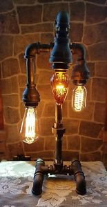 Retro Industrial Pipe Three Tier Lamp steampunk style with vintage bulb