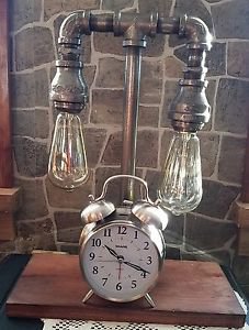 Vintage style Industrial Iron Pipe 2 tier Table lamp with Nostalgic Clock