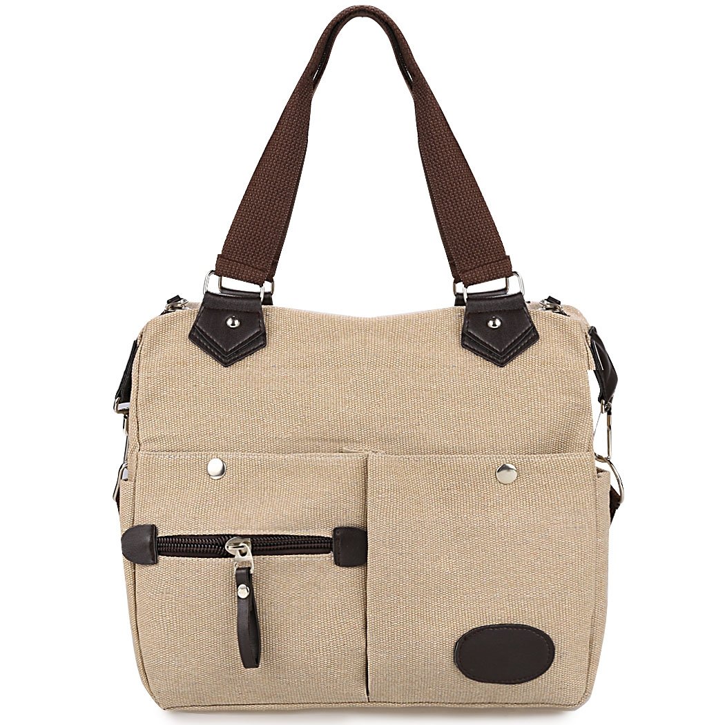 Canvas Many Pockets Multi-functional Shoulder Bag Handbag - Beige