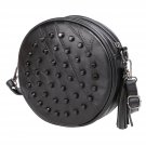 Black Stylish Rivet Tassel Synthetic Leather Round Shape Crossbody Bag