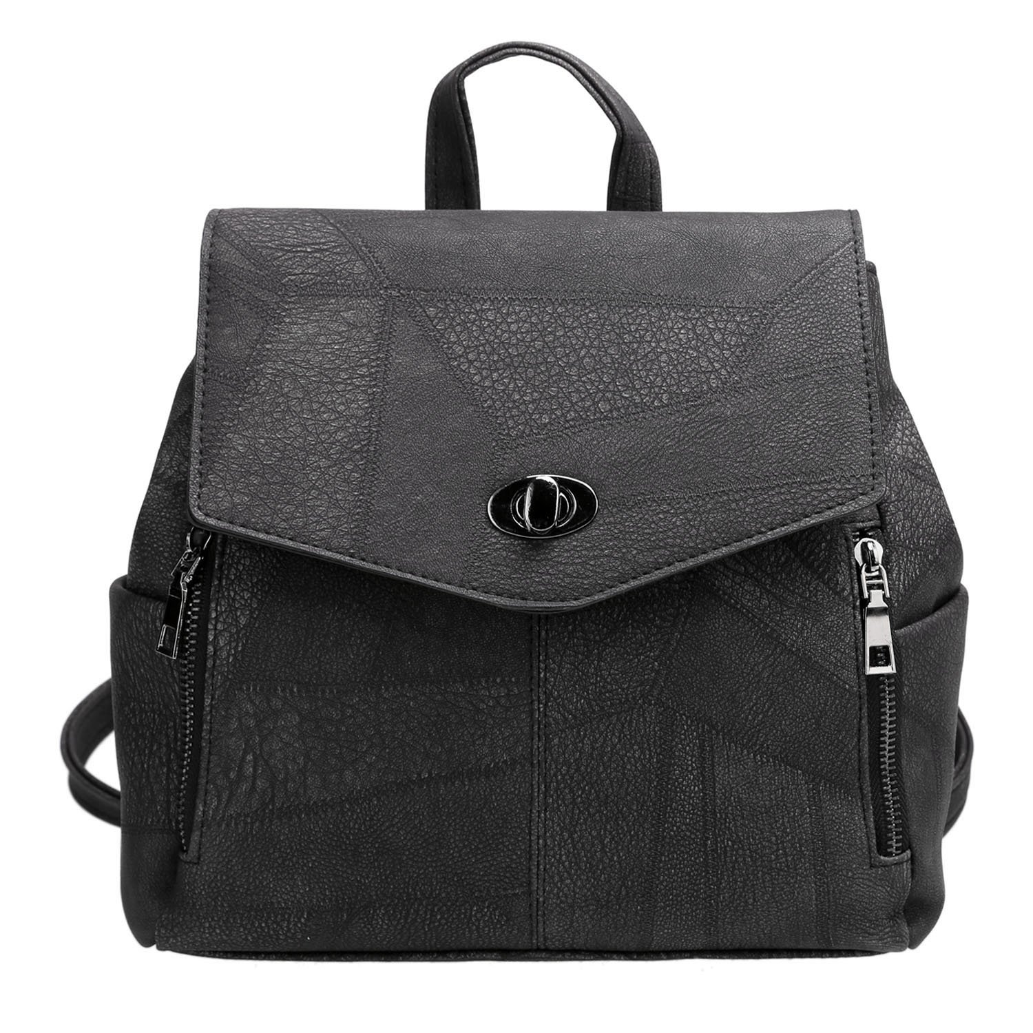 Black Vintage Flap Patchwork Solid PU Backpacks bag with Convertible Strap