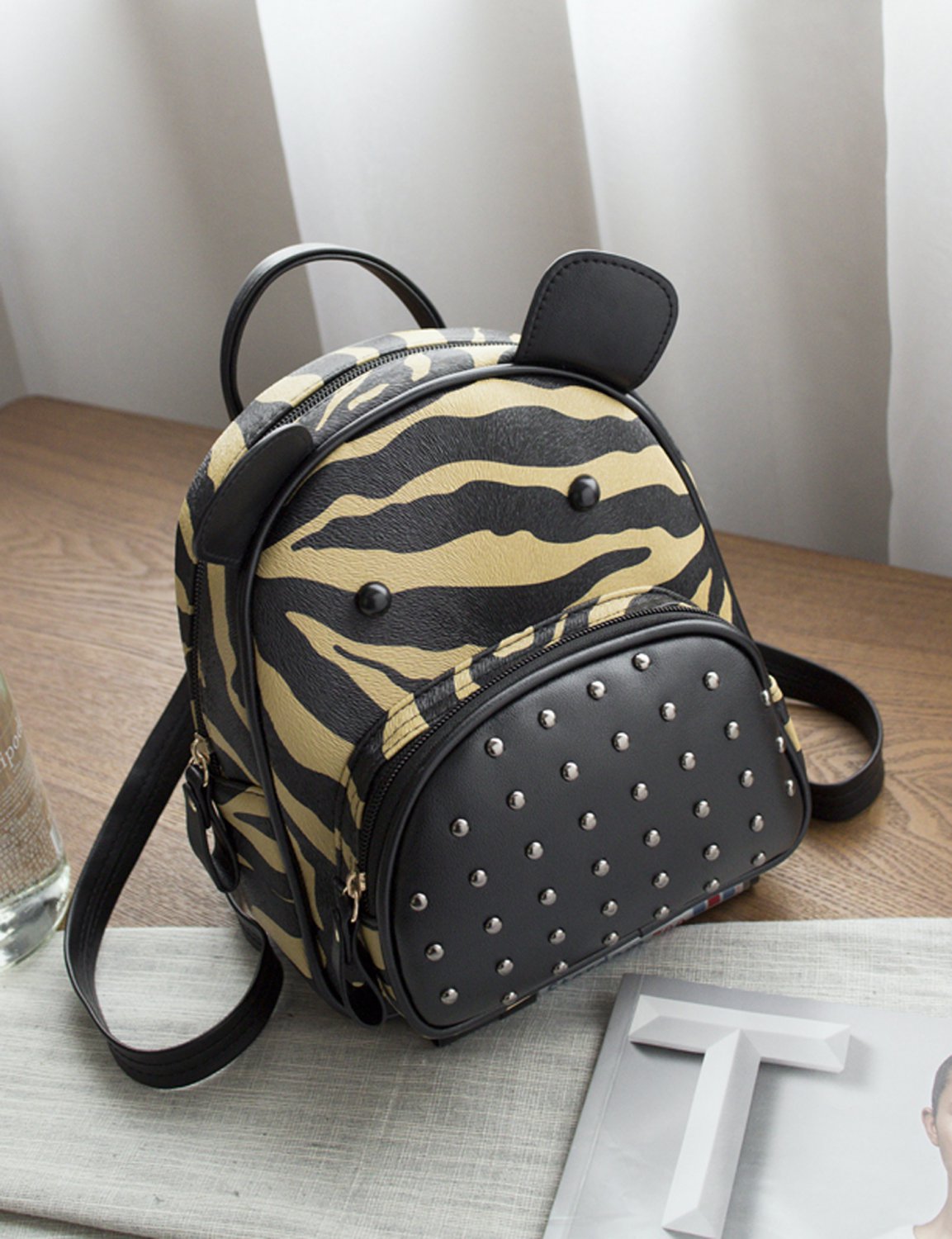 Khaki Cute Cat shape Print Studded PU Backpacks Bag