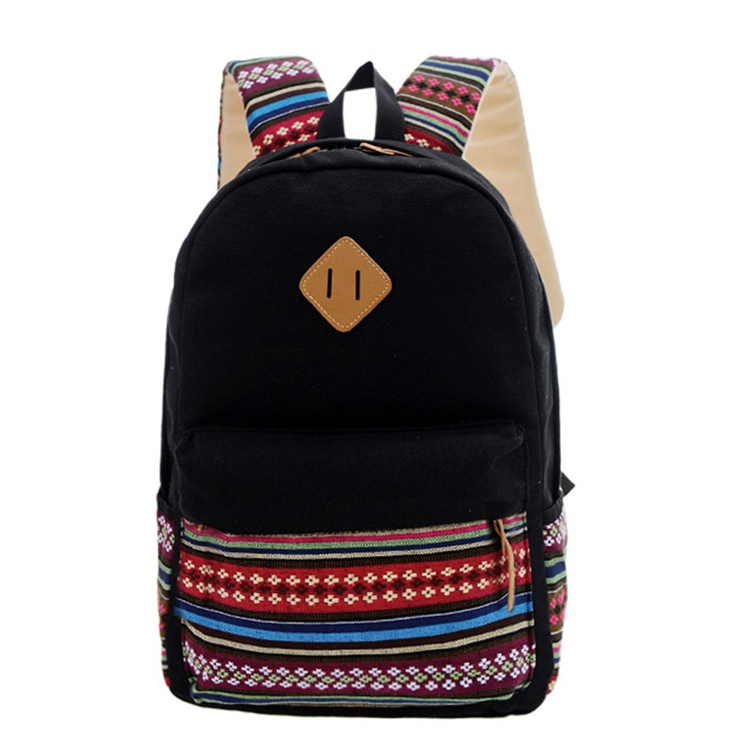 Black National Style Canvas Patchwork Soft School Ruckrack Bag