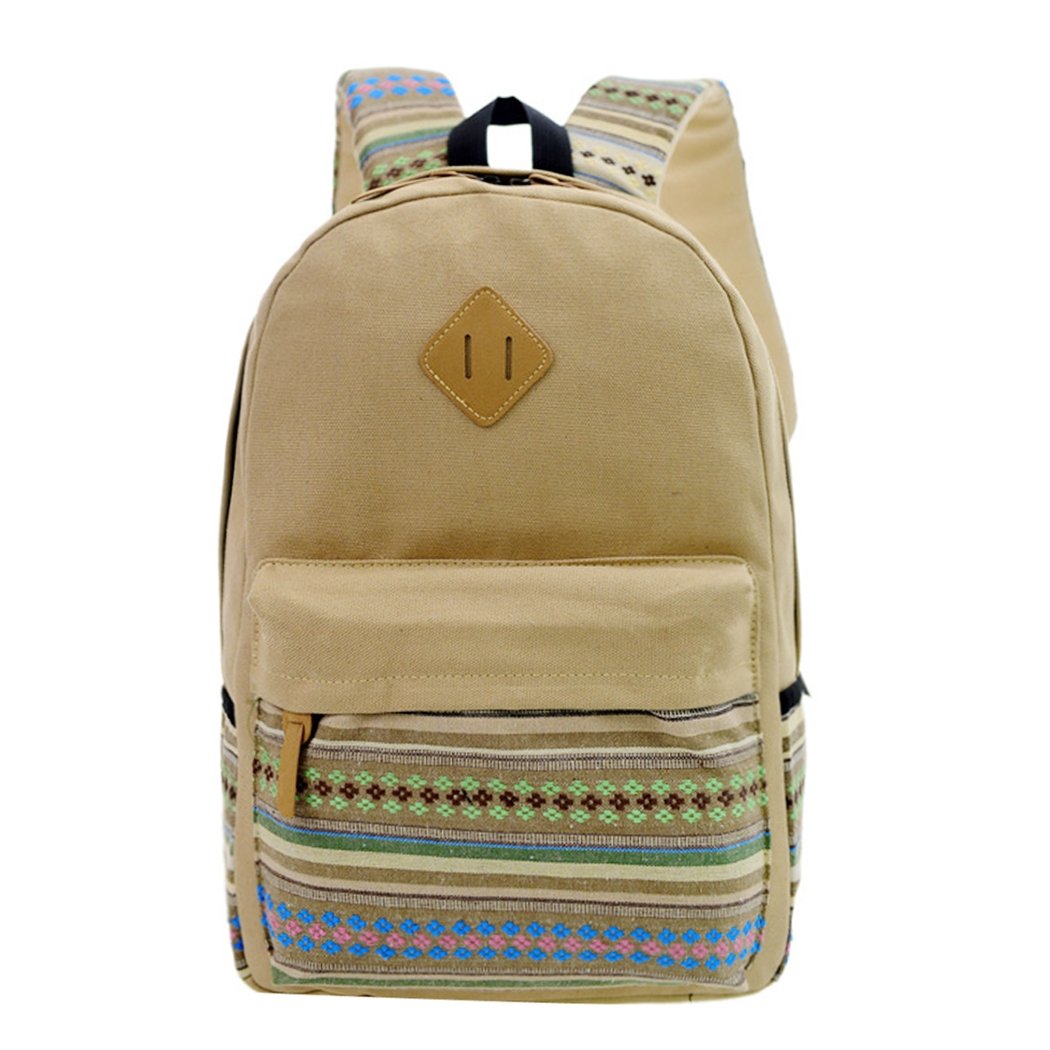 Khaki National Style Canvas Patchwork Soft School Ruckrack Bag