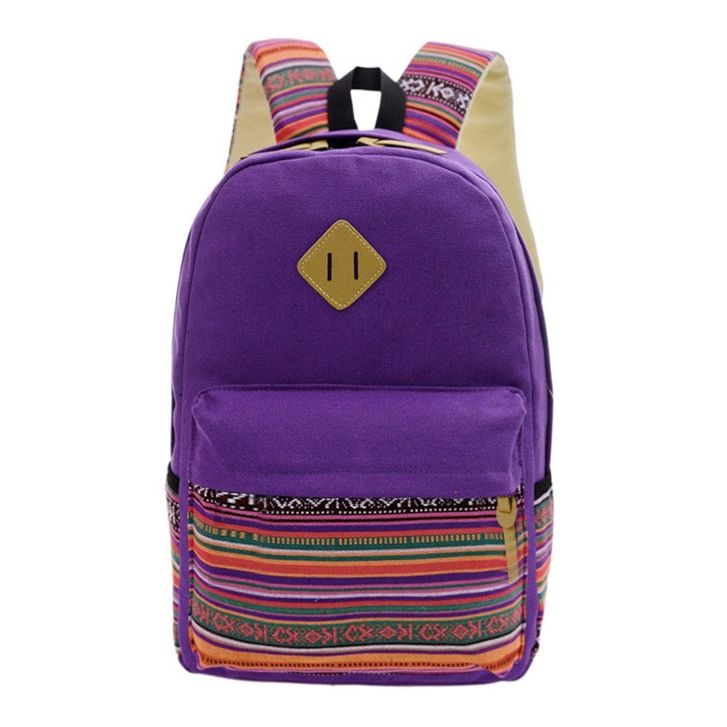 Purple National Style Canvas Patchwork Soft School Ruckrack Bag