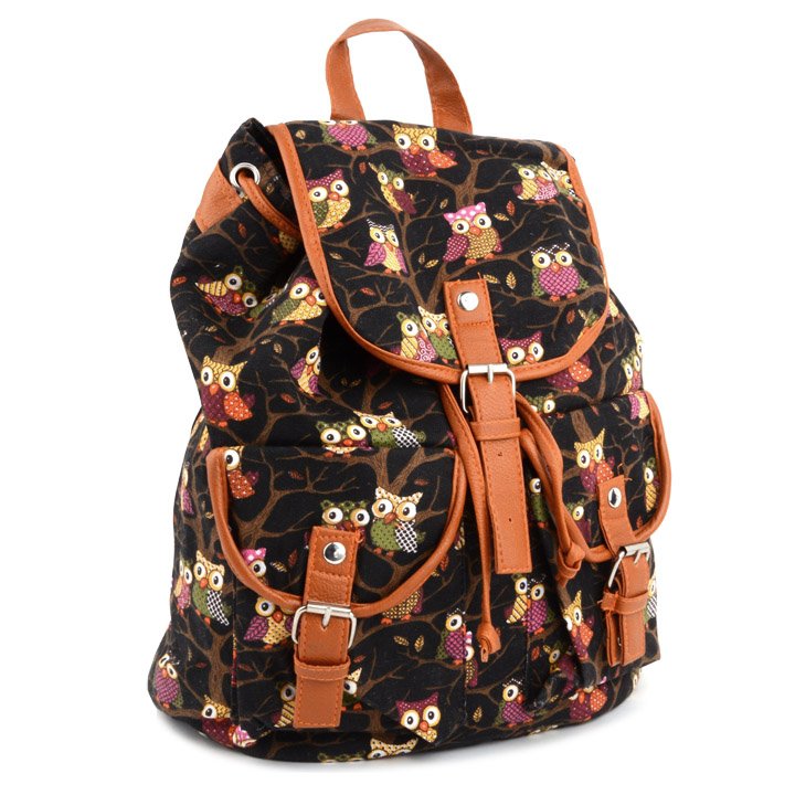 Black Cute Cartoon Owls Pattern Canvas Backpack Shoulder Bag