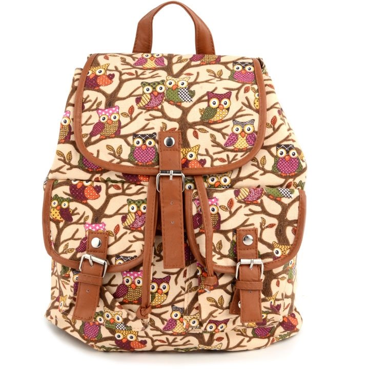 Beige Cute Cartoon Owls Pattern Canvas Backpack Shoulder Bag