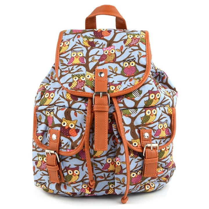 Gray Cute Cartoon Owls Pattern Canvas Backpack Shoulder Bag
