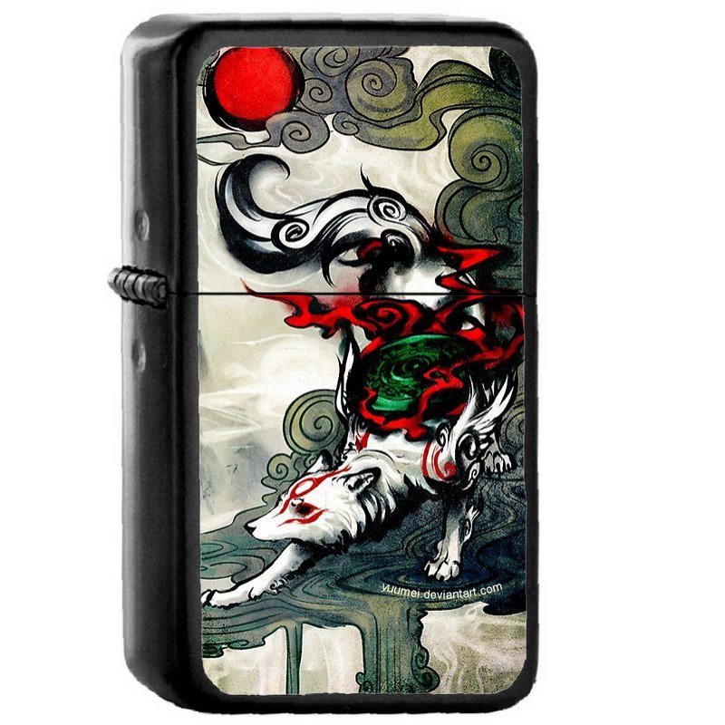 Okami Wolf - Oil Windproof Flip Top Black Lighters Briquet Encendedor