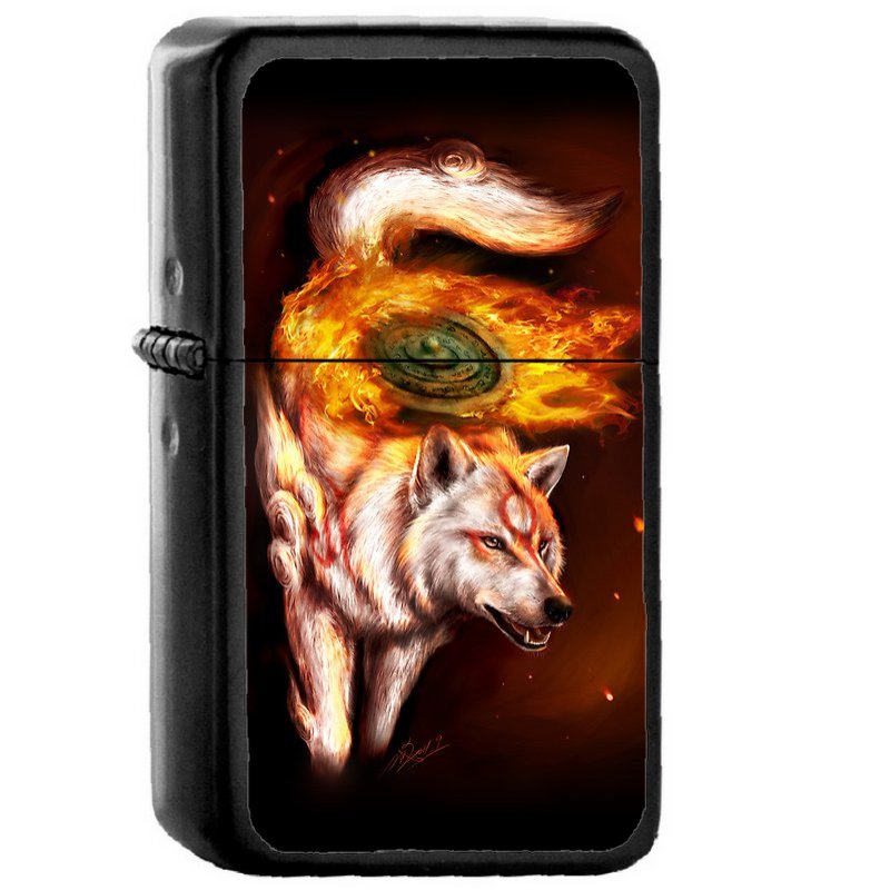 Okami Wolf Realistic Style - Oil Windproof Flip Top Black Lighters Briquet Encendedor