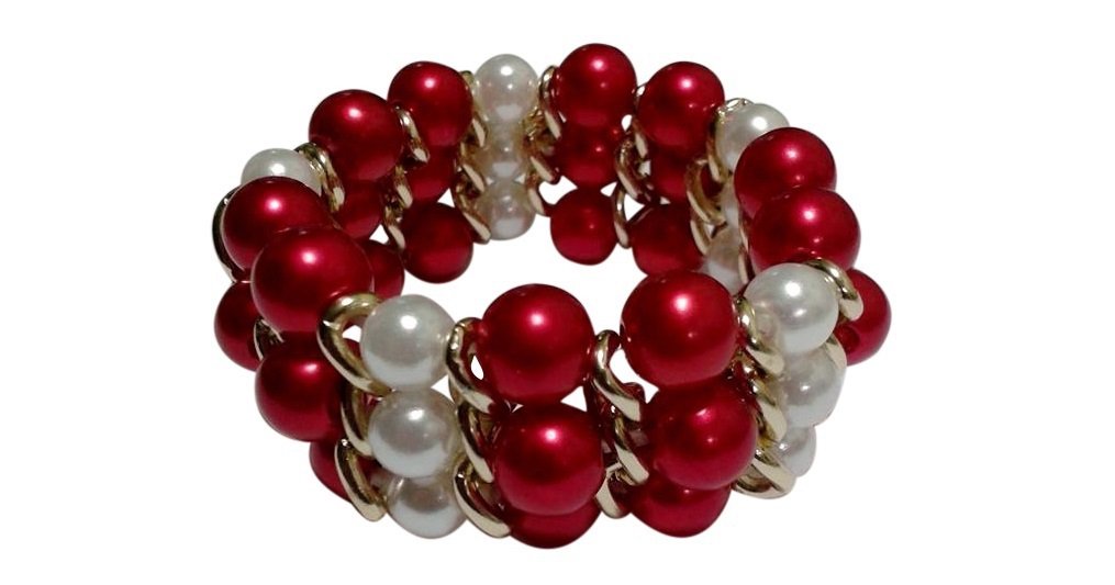 Valentine Red and White 3 Row Simulated Pearl Bracelet, 7.5 to 8 inches