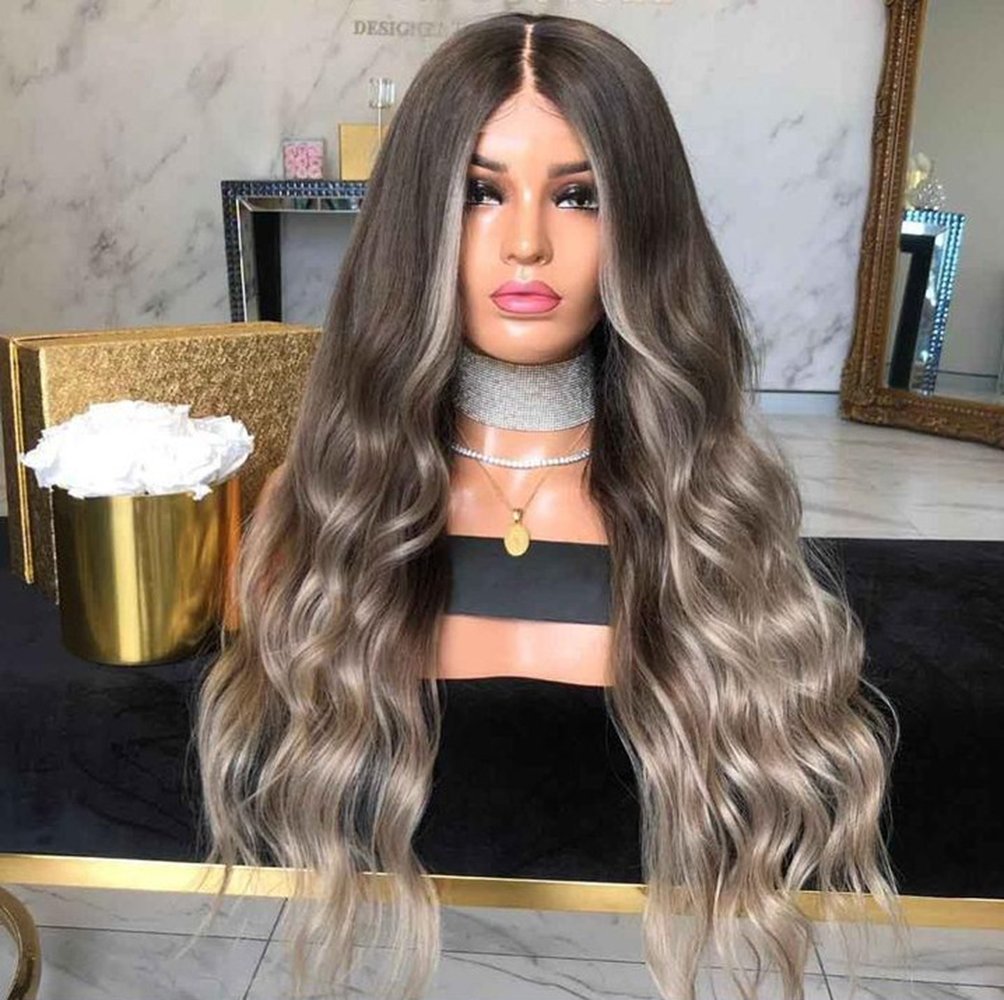 Synthetic Curly Hair Wig Long Brown Grey Ombre Wigs for Black Women