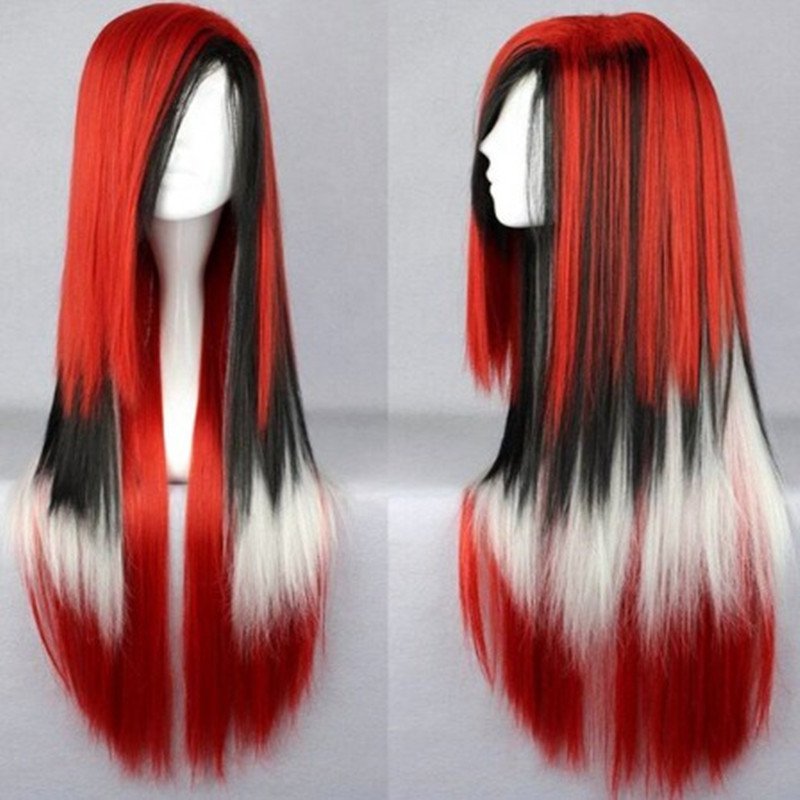 Long Straight Cosplay Wigs Synthetic Red Black White Mixed Color Wigs For Women