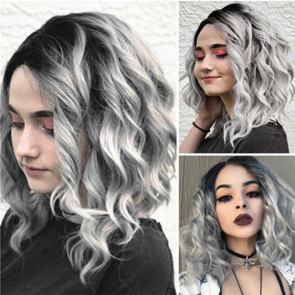 Short Curly Wigs for Black Women Synthetic Ombre Grey Wigs
