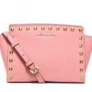 NWT~MICHAEL KORS SELMA STUDDED MDIUM MESSENGER PALE PINK SAFFIANO LEATHER