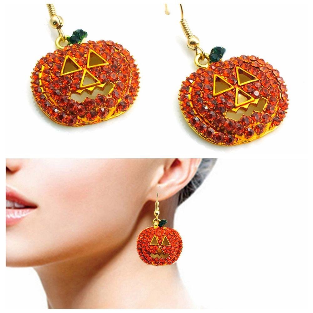 Pumpkin Ear Stud Earrings Halloween Jewelry Crystal Rhinestone