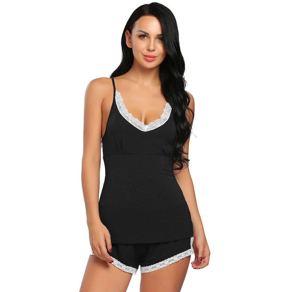 Sleepwear sets women lace-trimmed elastic waist sleeveless top short ...