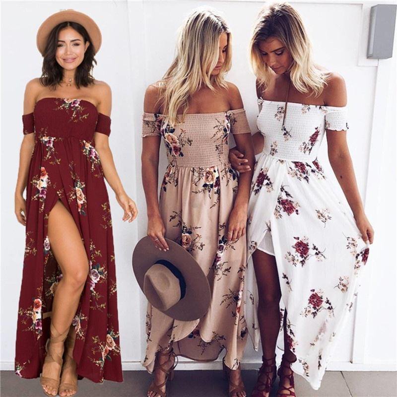 Off shoulder floral high slit beach floor-length casual dress - 3 colors