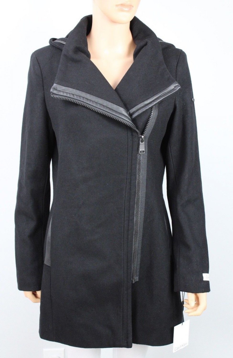 Calvin Klein Hooded Asymmetrical Walker Wool Coat Black Size Small