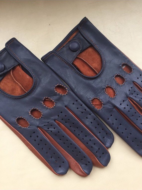 Leather Driving Gloves For Men Italian lambskin napa Blue and Brown