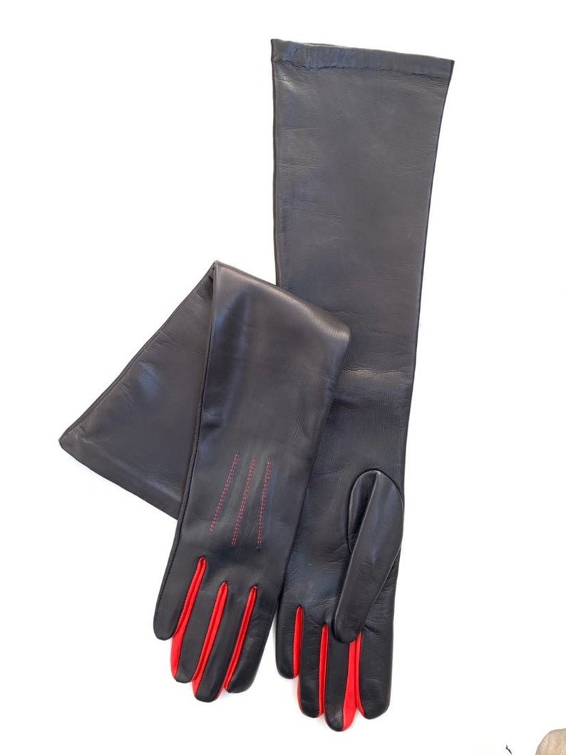 Long leather gloves, opera gloves, super soft 100% silk lining, dress gloves, 7 inches M
