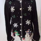 Christmas Sweater Women's L Black Removable Faux Fur Snowmen Collar Long Sleeve