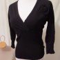 BCBG Max Azria Black Knit V-Neck 3/4 Shirt Top Sweater Size M Beaded Flower