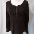 Lauren Jean Co Henley Thermal Shirt Women's P/L Brown Ruffled Front