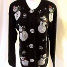 Christmas Cardigan Sweater Women's Small Beads Snowmen Button Front  Crew neck