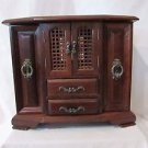 Vintage Large Wood Jewelry Case Lattice doors, two hidden pullout London Leather