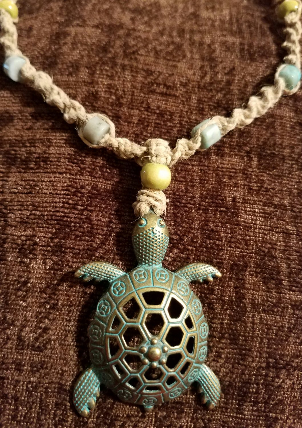 Handmade Boho Hippie Style Hemp Necklace With a Sea Turtle pendant