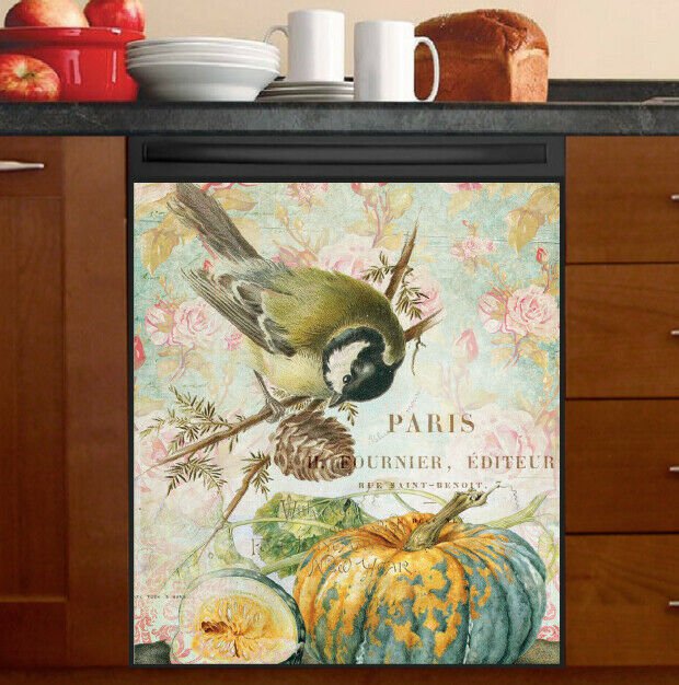 Kitchen Dishwasher Magnet - Vintage Autumn Bird With A Pumpkin