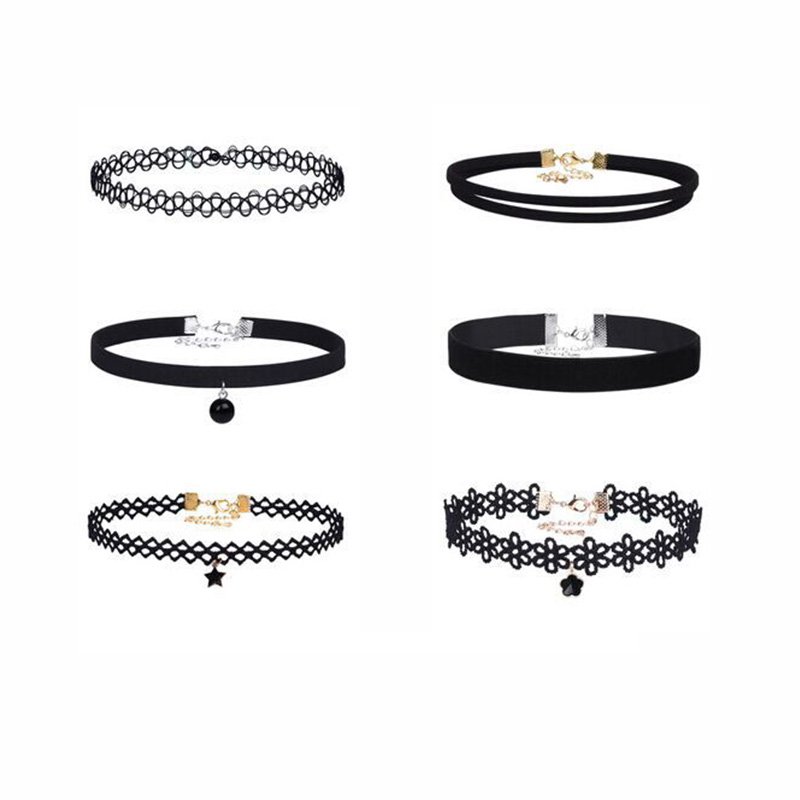 6 Pieces Sexy Lace Chokers Charm Black Choker Necklace Set Gothic Velvet Chockers for Women Girls