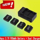 4pcs 3.7V 900mAh Rechargable Li-ion Battery for SJCAM SJ4000 +Dual Charger US