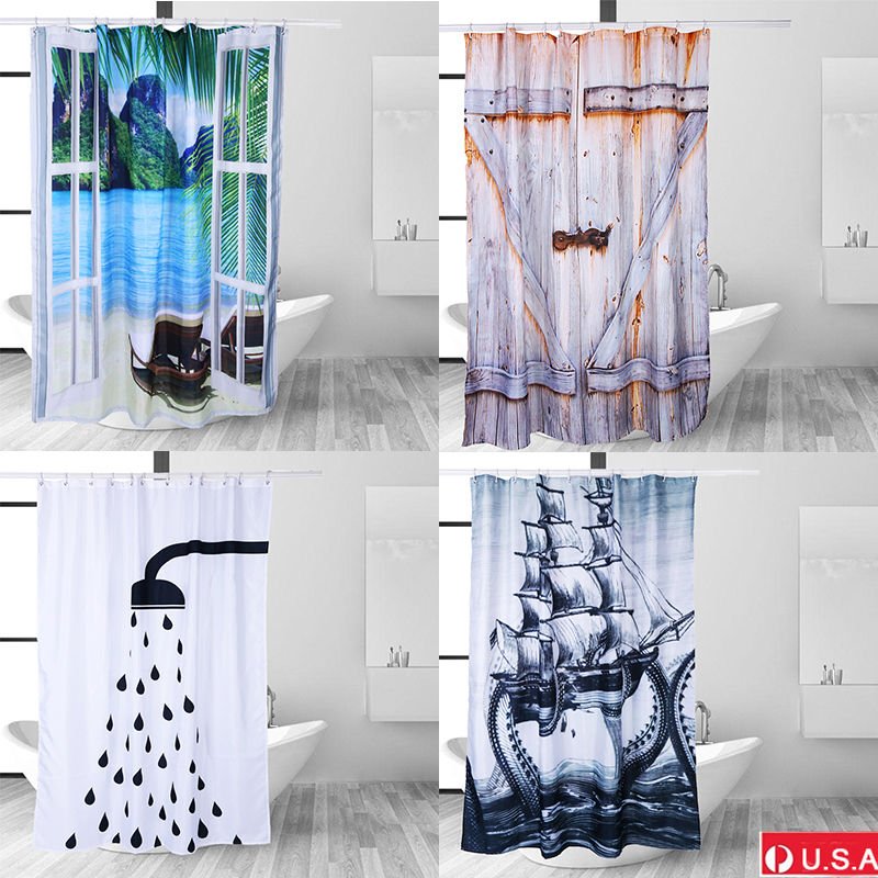 Bathroom Waterproof Fabric Shower Curtain Tree Roller 70"x70" Rings Hooks Black