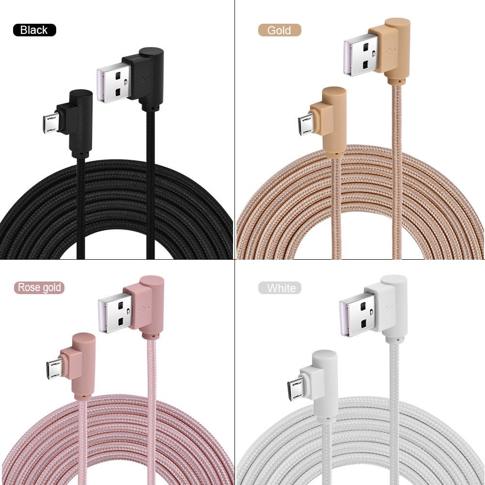 10FT 90 Degree Right Angle Micro USB Charging Data Cable Braided Nylon Cord Line