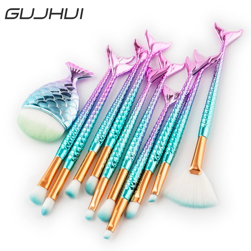 Pro 11PCS Fish Tail Mermaid Makeup Brushes Set Foundation Powder Blush Beauty