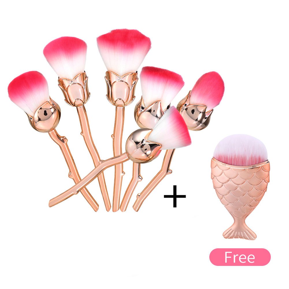 NEW 6Pcs Soft Face Powder Foundation Blush Makeup Rose Flower Shape Brushes Kit