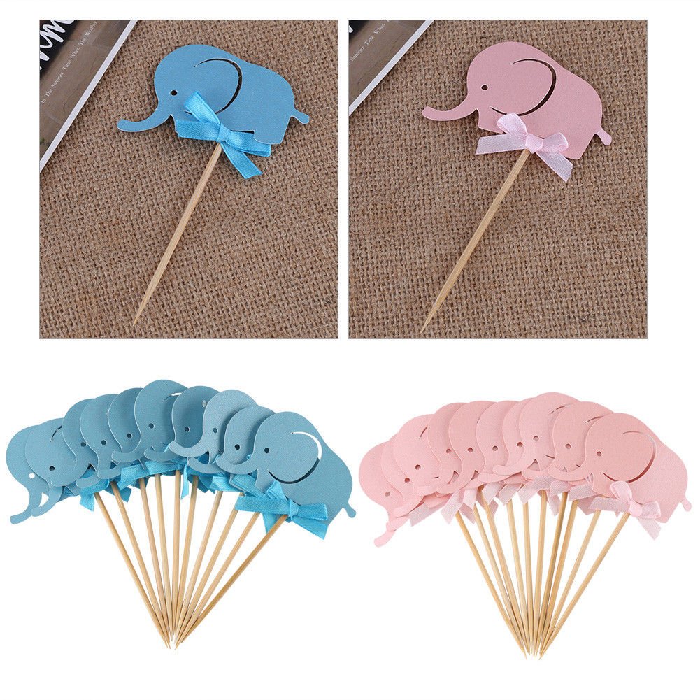 10pcs Elephant Cupcake Cake Topper Picks Baby Shower Party Birtyday Paper Cards