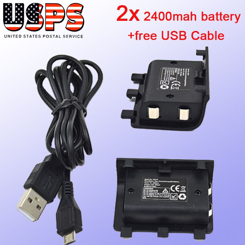 2X 2400mAh Rechargeable Battery Pack For XBOX ONE Wireless Controller +USB Cable