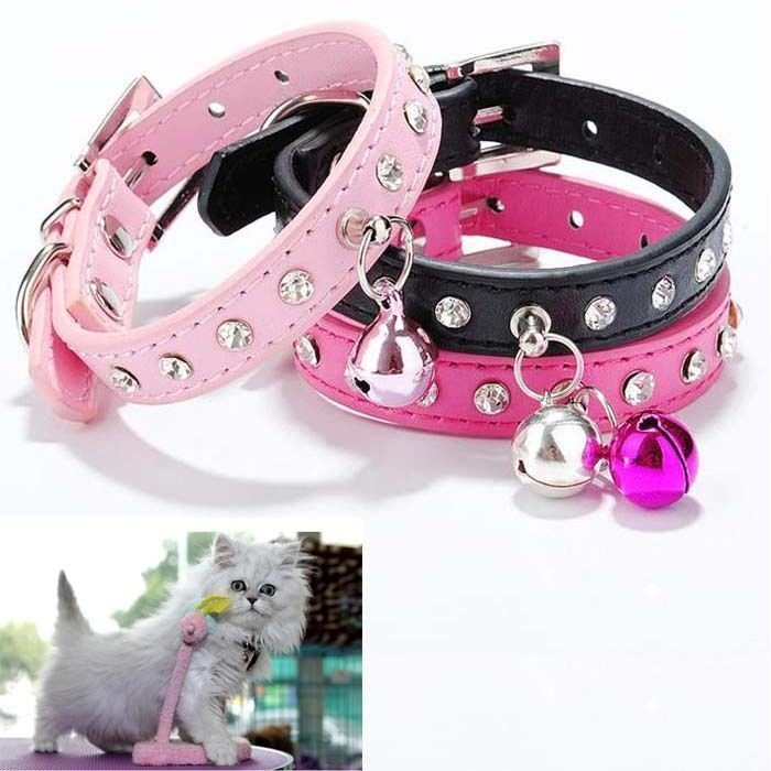 Adjustable PU Rhinestone Puppy Dog Cat Collars Safety Neck Buckle w/ Bell