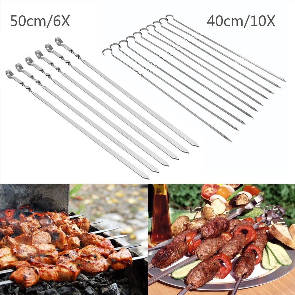 6/10PCS Safe BBQ Barbecue Grilling Cooking Long Kebab Flat Skewers Needle New