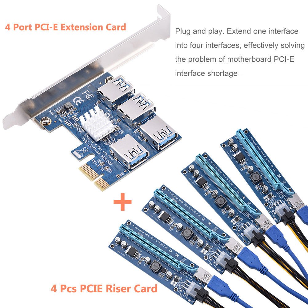 USB 3.0 Quad Port PCI-E Express Extender Riser Adapter Extension Card for Mining