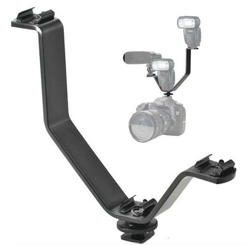 V Shape Triple Mount Hot Shoe Flash Bracket for Speedlite DSLR Camera Microphone