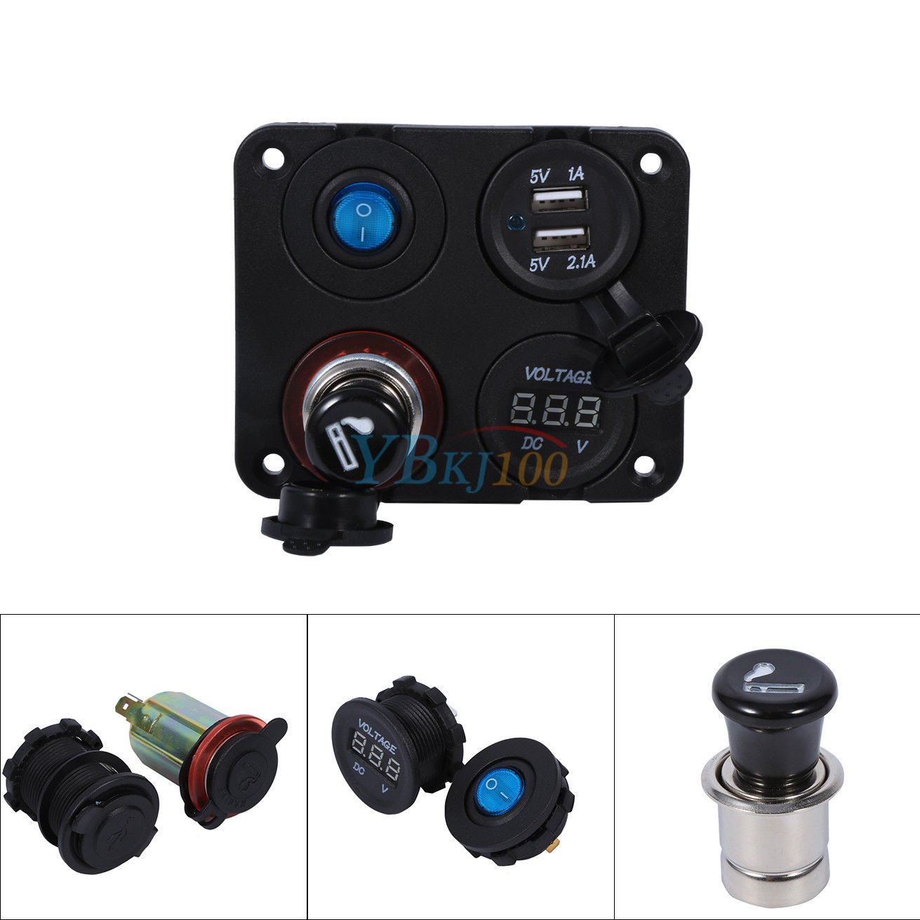 Marine Boat Car RV Voltmeter Dual USB Port 12V Power Socket 4 Hole Panel Switch