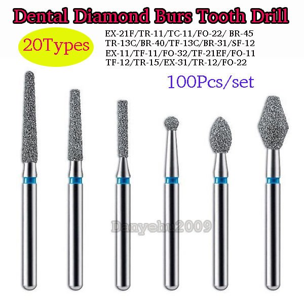 100pcs/set Stainless Dental Diamond Burs for High Speed Handpiece Medium 1.6M