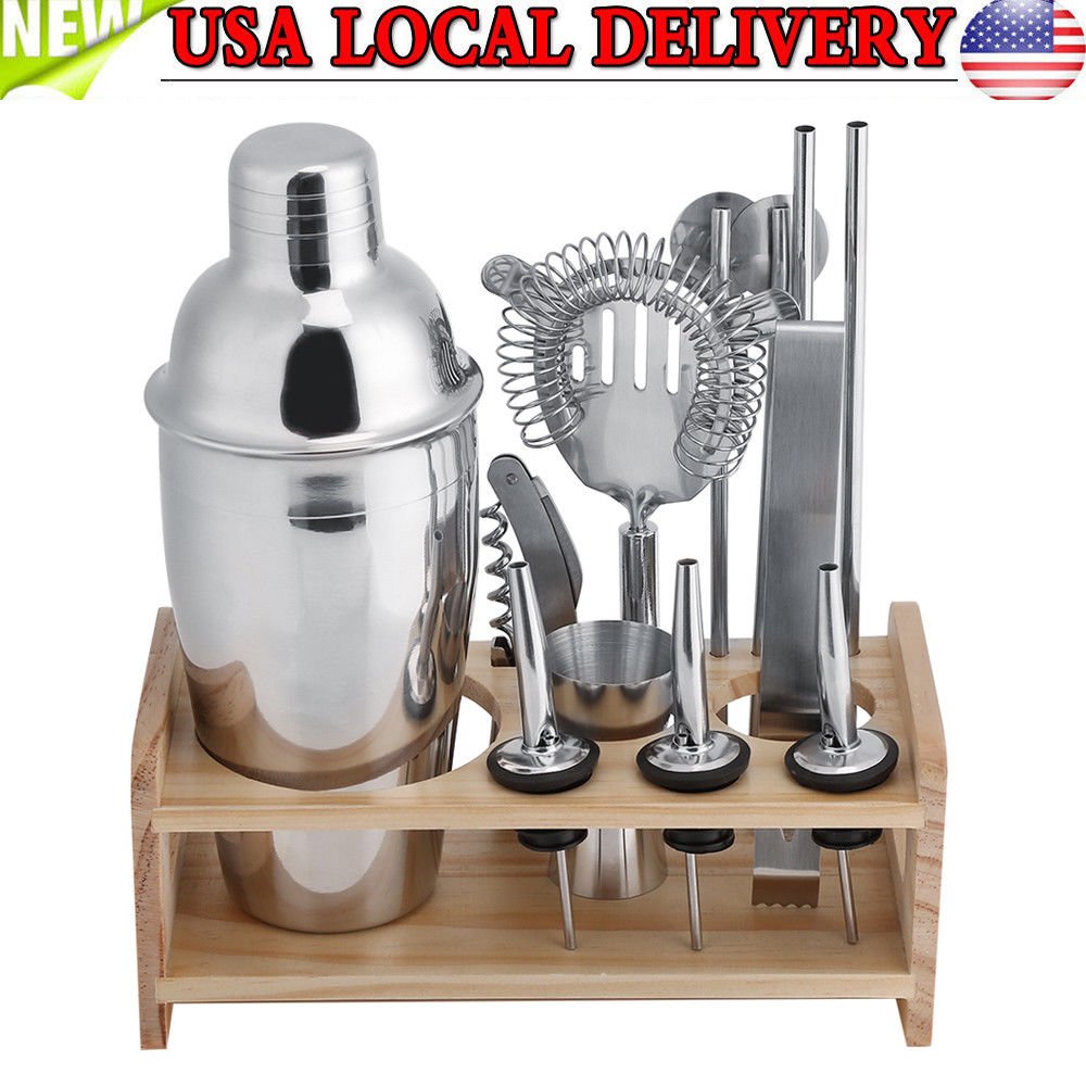 Silver Cocktail Shaker Mixer Drink Bartender Martini Tools Bar Set Kit with Rack