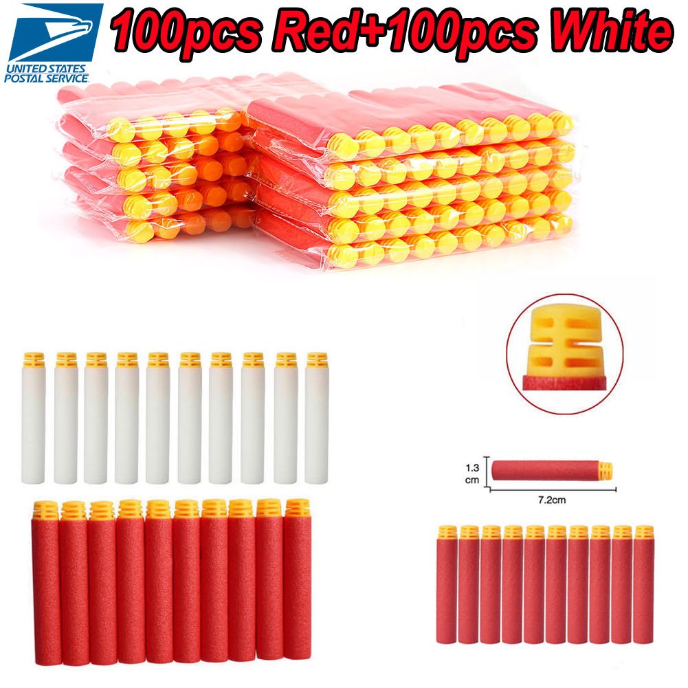 200 Red+White EVA Foam Refill Dart Bullet Toy W/Soft Head F/Nerf N-strike Series